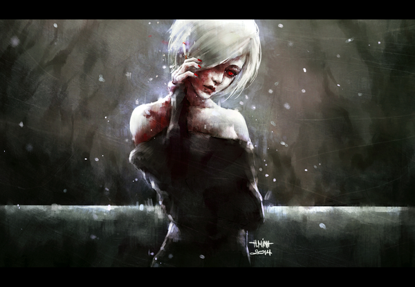 Anime picture 1300x900 with original nanfe single blush fringe short hair blonde hair red eyes bare shoulders signed nail polish lips hair over one eye snowing dark background letterboxed smoking girl dress black dress