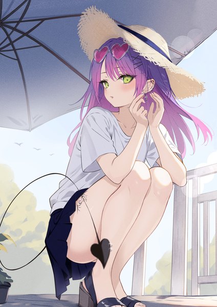 Anime picture 2894x4093 with virtual youtuber hololive tokoyami towa totuoooo1015 single long hair tall image looking at viewer highres light erotic green eyes pink hair sky purple hair tail parted lips pleated skirt multicolored hair bare legs tattoo