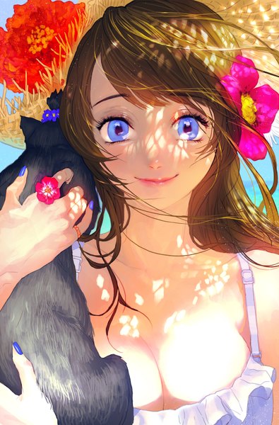 Anime picture 2500x3792 with original rukiana single long hair tall image looking at viewer highres blue eyes smile brown hair cleavage hair flower girl dress hair ornament flower (flowers) hat animal cat sundress