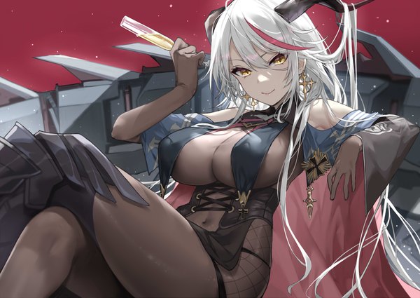 Anime picture 3541x2507 with azur lane aegir (azur lane) denchu (kazudentyu) single long hair looking at viewer fringe highres breasts light erotic simple background smile hair between eyes large breasts sitting bare shoulders holding yellow eyes absurdres silver hair