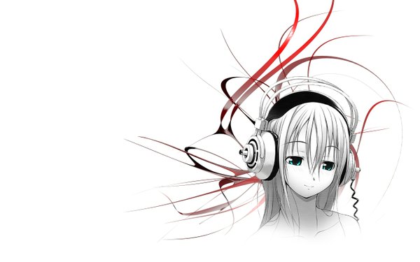 Anime picture 1440x900 with nitroplus super sonico single long hair blue eyes smile wide image monochrome face girl headphones