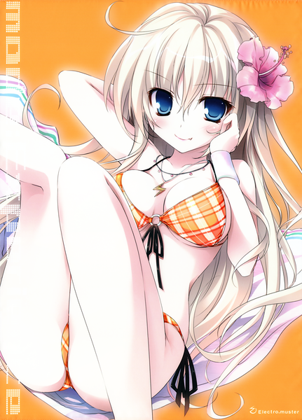 Anime picture 3083x4286 with karory single long hair tall image looking at viewer blush highres breasts blue eyes light erotic blonde hair absurdres ahoge hair flower scan fang (fangs) watermark girl hair ornament flower (flowers)