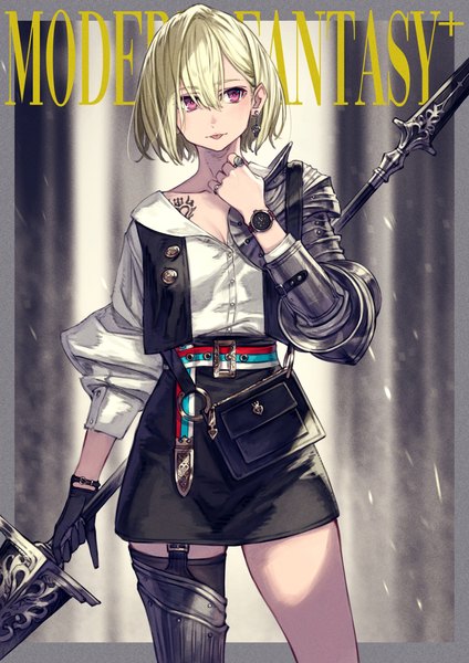 Anime picture 1768x2500 with original kusano shinta single tall image looking at viewer fringe highres short hair blonde hair hair between eyes standing holding pink eyes inscription tattoo border :p girl thighhighs skirt
