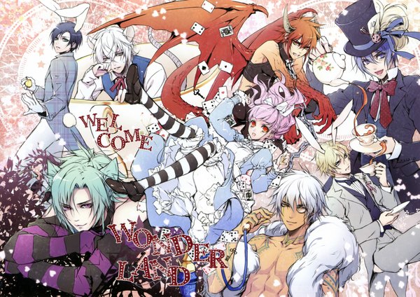Anime picture 7332x5187 with alice in wonderland wand of fortune wand of fortune 2 idea factory white rabbit cheshire cat lulu (wand of fortune) alvaro garay est rinaudo julius fortner lagi el nagil bilal faranbald salo-mon (wand of fortune) noel valmore noel (wand of fortune) jabberwocky (wonderland) looking at viewer highres short hair blue eyes