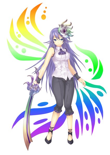 Anime picture 1343x1900 with original hisenkaede single long hair tall image looking at viewer blue eyes simple background standing purple hair legs sleeveless girl hair ornament weapon sword shoes