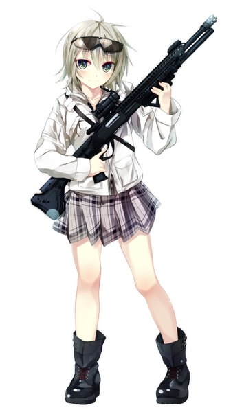 Anime picture 840x1500 with original gorilla (bun0615) single tall image looking at viewer blush short hair simple background blonde hair smile white background green eyes girl uniform weapon school uniform boots gun sunglasses rifle