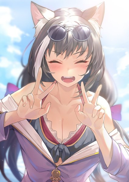 Anime picture 1132x1600 with princess connect! re:dive princess connect! karyl (princess connect!) kakage single long hair tall image blush fringe breasts open mouth light erotic black hair smile twintails bare shoulders animal ears payot sky cloud (clouds)