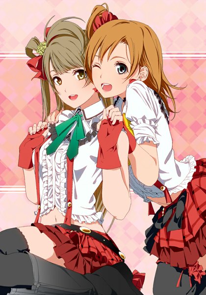 Anime picture 700x1000 with love live! school idol project sunrise (studio) love live! minami kotori kousaka honoka nishiuri warito long hair tall image looking at viewer open mouth blue eyes brown hair multiple girls brown eyes one eye closed grey hair wink one side up girl thighhighs