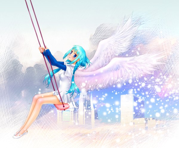 Anime picture 1600x1333 with toshiki yui single long hair looking at viewer blush blue eyes blue hair braid (braids) light smile twin braids snowing winter cityscape angel wings girl dress wings swing