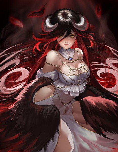 Anime-Bild 1000x1283 mit overlord (maruyama) madhouse albedo (overlord) jiazhu single tall image looking at viewer blush fringe breasts light erotic black hair smile hair between eyes large breasts bare shoulders yellow eyes cleavage red hair very long hair