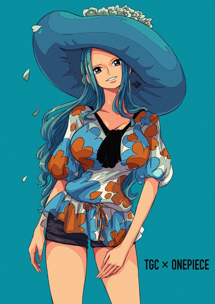 Anime picture 2480x3508 with one piece toei animation nefertari vivi sherumaru (korcht06) single long hair tall image looking at viewer highres breasts simple background smile large breasts standing signed blue hair parted lips head tilt black eyes copyright name