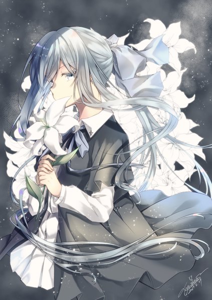 Anime picture 885x1254 with original yuihira asu (sorairo as) single long hair tall image looking at viewer holding signed silver hair upper body ponytail profile wind sparkle grey eyes covered mouth silver eyes girl flower (flowers) bow
