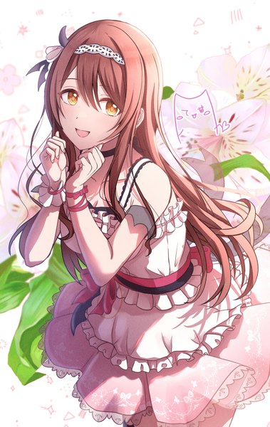 Anime picture 2489x3940 with idolmaster idolmaster shiny colors oosaki tenka citrusmikan single long hair tall image looking at viewer blush fringe highres breasts open mouth smile hair between eyes brown hair standing bare shoulders yellow eyes :d