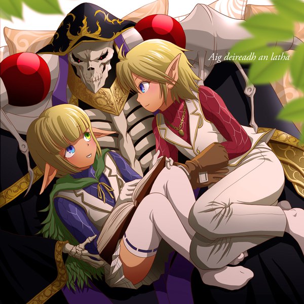Anime picture 800x800 with overlord (maruyama) madhouse ainz ooal gown aura bella fiora mare bello fiore k-ta blush fringe short hair blonde hair smile hair between eyes sitting payot looking away ahoge bent knee (knees) blunt bangs long sleeves pleated skirt