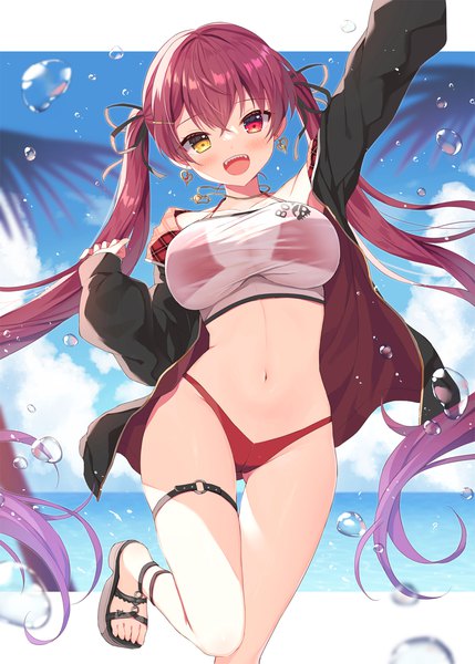 Anime picture 1000x1399 with virtual youtuber hololive houshou marine houshou marine (summer) mauve single long hair tall image looking at viewer blush fringe breasts open mouth light erotic smile hair between eyes red eyes large breasts standing twintails