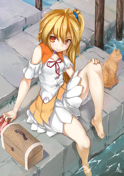 Anime picture 878x1239 with vocaloid akita neru tadano magu single long hair tall image looking at viewer fringe blonde hair smile hair between eyes sitting bare shoulders full body bent knee (knees) barefoot from above orange eyes side ponytail shoes removed