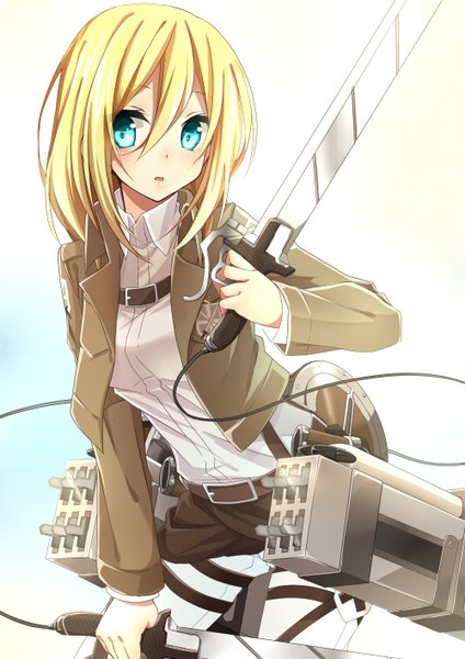 Anime picture 1000x1414 with shingeki no kyojin production i.g krista lenz i m a single long hair tall image blush open mouth blue eyes blonde hair looking away open clothes open jacket girl weapon sword belt thigh strap