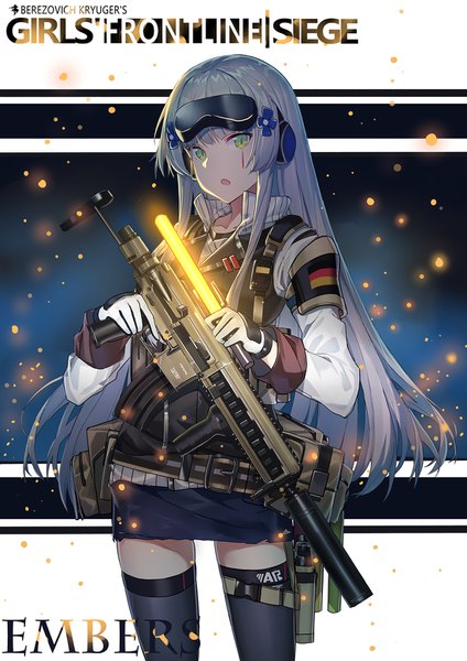 Anime picture 1100x1556 with girls frontline rainbow six siege hk416 (girls frontline) echj single long hair tall image looking at viewer fringe open mouth standing holding green eyes silver hair blunt bangs long sleeves alternate costume copyright name text facial mark