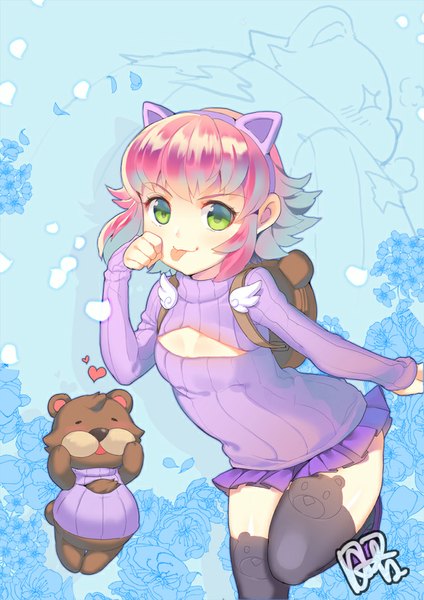 Anime picture 650x919 with league of legends annie (league of legends) tibbers (league of legends) dakun87 (artist) single tall image looking at viewer fringe short hair green eyes animal ears pink hair fake animal ears girl thighhighs skirt black thighhighs miniskirt tongue toy