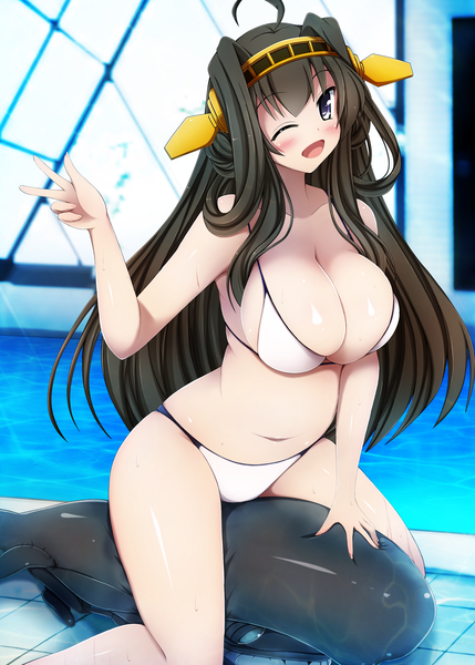 Anime picture 1246x1743 with kantai collection kongou battleship i-class destroyer yuzumiya mono long hair tall image looking at viewer blush breasts open mouth light erotic black hair smile large breasts sitting bare shoulders cleavage ahoge one eye closed wink