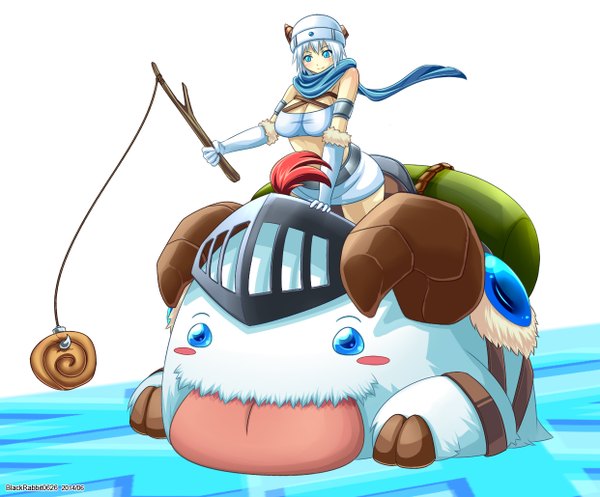 Anime picture 1241x1030 with league of legends poro (league of legends) sejuani (league of legends) blackrabbit0626 single blush short hair blue eyes white hair horn (horns) riding girl gloves elbow gloves tongue helmet