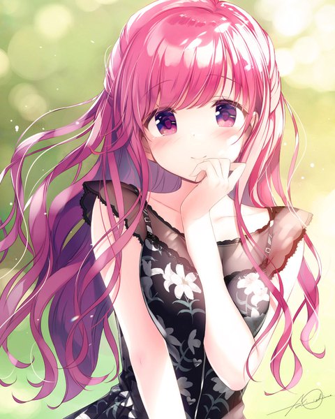 Anime picture 1200x1500 with original shirayuri riko kimishima ao single long hair tall image looking at viewer blush fringe smile purple eyes signed pink hair upper body floral print half updo hand to mouth girl