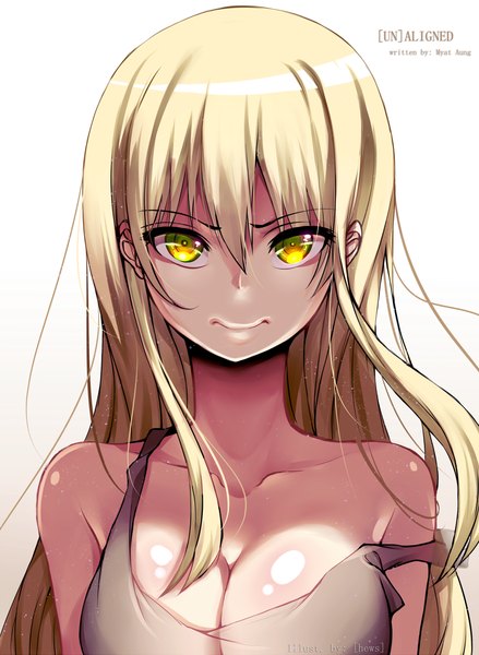 Anime picture 900x1230 with original hews single long hair tall image looking at viewer breasts simple background blonde hair smile white background yellow eyes girl