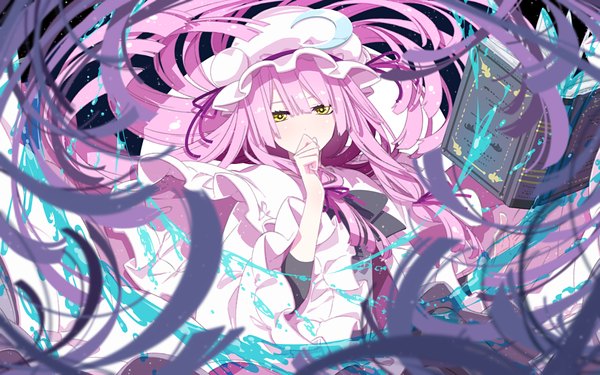 Anime picture 1200x750 with touhou patchouli knowledge sakuraba yuuki single looking at viewer fringe hair between eyes yellow eyes purple hair upper body very long hair covered mouth hand to mouth tress ribbon girl ribbon (ribbons) hair ribbon hat book (books) bonnet