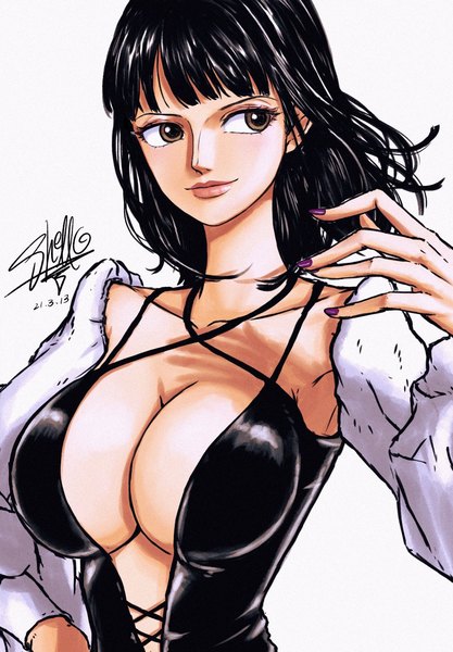 Anime-Bild 1422x2048 mit one piece toei animation nico robin sherumaru (korcht06) single long hair tall image fringe breasts light erotic black hair simple background smile large breasts white background brown eyes signed looking away cleavage upper body