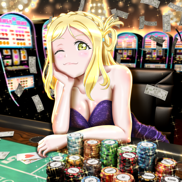 Anime picture 1600x1600 with love live! sunshine!! sunrise (studio) love live! ohara mari horse water single long hair looking at viewer blush breasts light erotic blonde hair smile large breasts bare shoulders yellow eyes cleavage braid (braids) one eye closed wink