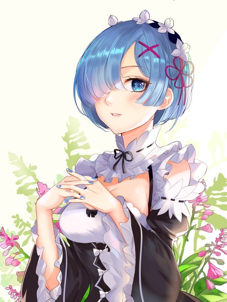 Anime picture 2635x3508 with re:zero kara hajimeru isekai seikatsu white fox rem (re:zero) lan yu single tall image looking at viewer blush fringe highres short hair breasts blue eyes simple background blue hair cleavage upper body nail polish parted lips light smile