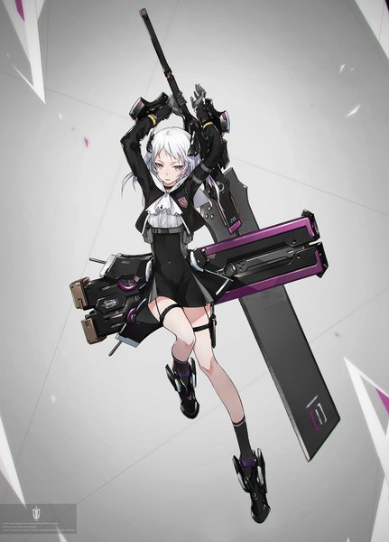 Anime picture 1000x1393 with original yucca-612 (neco) single long hair tall image looking at viewer light erotic simple background purple eyes holding full body bent knee (knees) white hair grey background arms up underboob girl dress gloves hair ornament