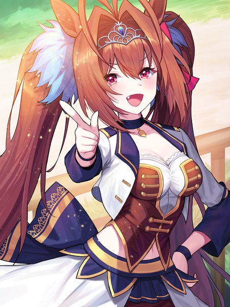 Anime picture 1000x1333 with umamusume daiwa scarlet (umamusume) kyundoo single long hair tall image looking at viewer fringe open mouth hair between eyes brown hair twintails animal ears cleavage ahoge outdoors :d pink eyes fang (fangs) hand on hip