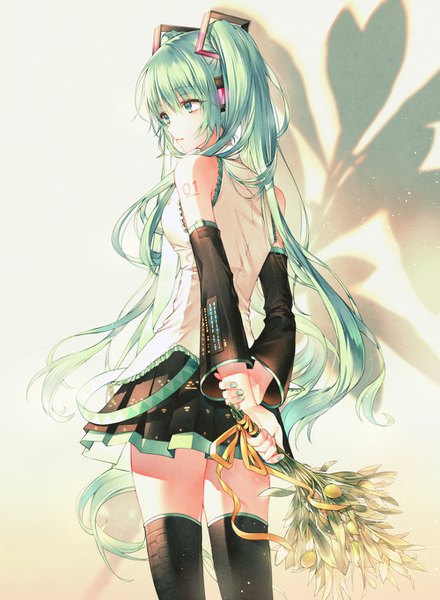 Anime picture 1000x1364 with vocaloid hatsune miku kh (kh 1128) single tall image standing twintails looking away very long hair nail polish pleated skirt aqua eyes aqua hair turning head hands behind back girl thighhighs skirt flower (flowers) black thighhighs