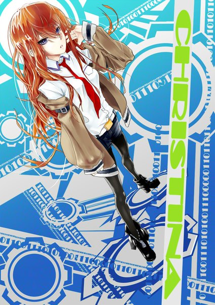 Anime picture 1280x1811 with steins;gate white fox makise kurisu single long hair tall image open mouth blue eyes brown hair standing long sleeves girl shirt pantyhose necktie jacket shorts boots belt