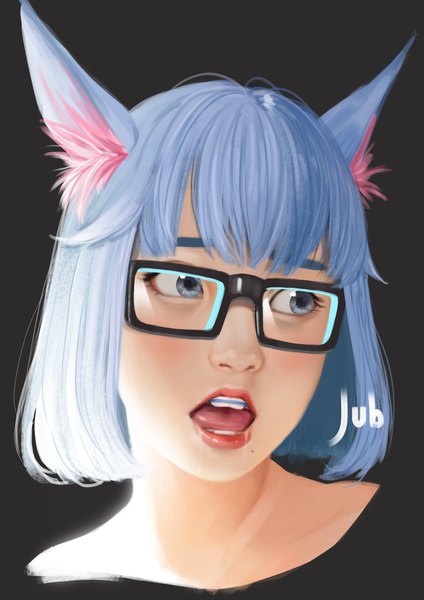 Anime picture 1240x1754 with original lizha (jubi) jubi (regiana) single tall image fringe short hair open mouth simple background signed animal ears blue hair looking away blunt bangs lips cat ears realistic mole teeth grey eyes