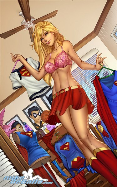 Anime picture 624x1000 with batman superman dc comics supergirl batman (character) superman (character) robin (character) squirrelshaver single long hair tall image looking at viewer blue eyes light erotic blonde hair lips mole bare belly girl skirt