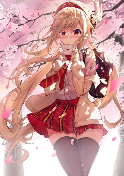 Anime picture 2894x4093 with genshin impact klee (genshin impact) lankuchashuangjielong single long hair tall image looking at viewer blush fringe highres blonde hair hair between eyes red eyes standing holding outdoors wind pointy ears blurry off shoulder
