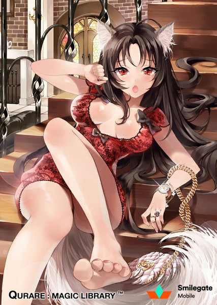 Anime picture 600x842 with qurare: magic library thirteenth cat ice (ice aptx) single tall image looking at viewer breasts open mouth light erotic black hair red eyes animal ears cleavage indoors very long hair nail polish barefoot bare legs legs leg lift (legs lift)