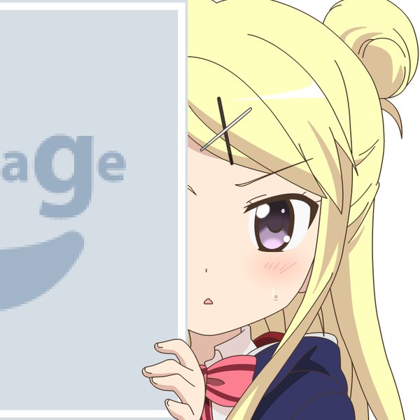 Anime picture 850x850 with kin-iro mosaic pixiv kujou karen mugen ouka single long hair looking at viewer blush blonde hair simple background white background purple eyes parted lips :o hair bun (hair buns) vector >:o no image girl uniform