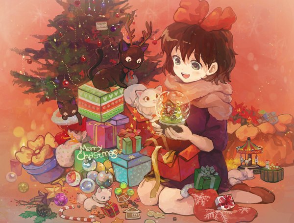 Anime picture 1000x759 with kiki's delivery service studio ghibli kiki jiji saya (mychristian2) blush short hair blue eyes brown hair horn (horns) christmas witch merry christmas girl bow hair bow scarf cat gift christmas tree