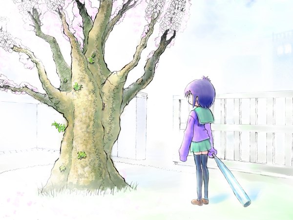 Anime picture 1280x960 with a channel ichii tooru single short hair purple hair long sleeves girl thighhighs black thighhighs plant (plants) tree (trees) sweater baseball bat