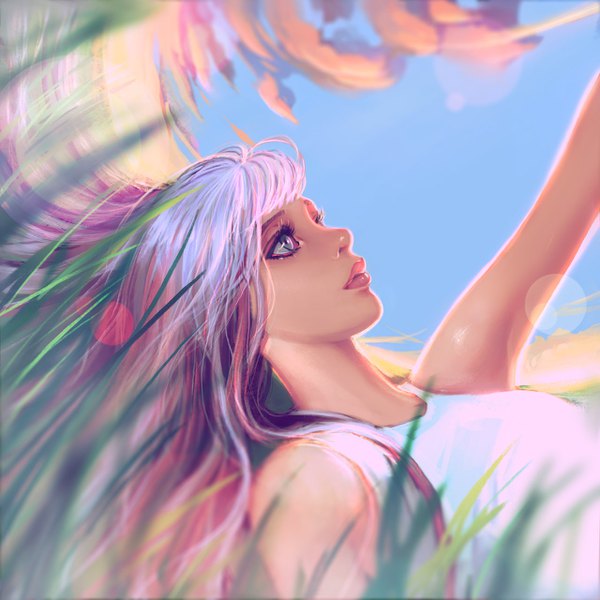Anime picture 1280x1280 with original dzikawa (ann) single long hair fringe looking away sky purple hair cloud (clouds) white hair lying profile multicolored hair lips grey eyes lens flare outstretched arm girl plant (plants) grass