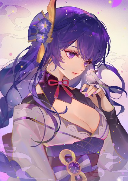 Anime picture 1000x1416 with genshin impact raiden shogun songjikyo single long hair tall image fringe breasts purple eyes payot cleavage purple hair upper body braid (braids) nail polish traditional clothes japanese clothes arm up hair flower fingernails