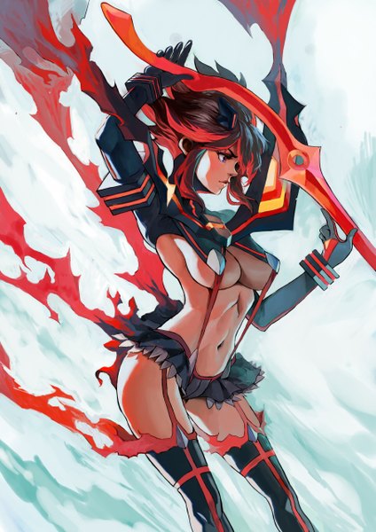 Anime picture 1810x2559 with kill la kill studio trigger matoi ryuuko bh001 (daspaint) single tall image highres short hair breasts blue eyes light erotic black hair large breasts looking away red hair multicolored hair two-tone hair streaked hair underboob girl