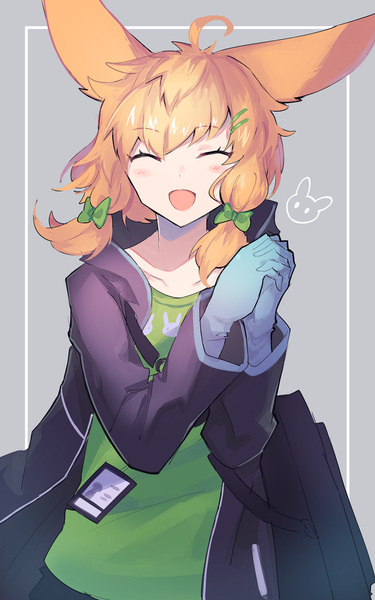 Anime picture 625x1000 with arknights kroos (arknights) sasa onigiri single tall image short hair open mouth simple background blonde hair twintails animal ears upper body ahoge eyes closed grey background open jacket low twintails ^ ^ hands clasped ^o^