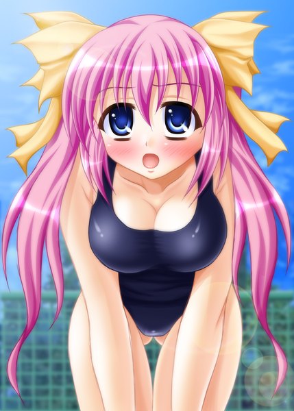 Anime picture 1110x1553 with original yuunagi kanade long hair tall image blush open mouth blue eyes light erotic pink hair girl swimsuit one-piece swimsuit school swimsuit