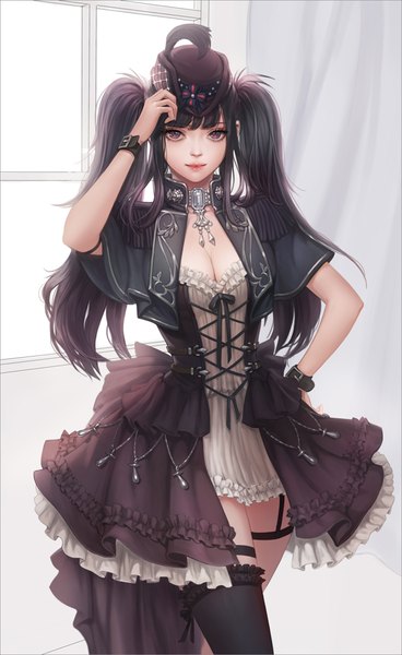 Anime picture 613x1000 with original daily solsol single long hair tall image looking at viewer fringe black hair standing twintails brown eyes payot cleavage indoors blunt bangs light smile lips realistic short sleeves zettai ryouiki