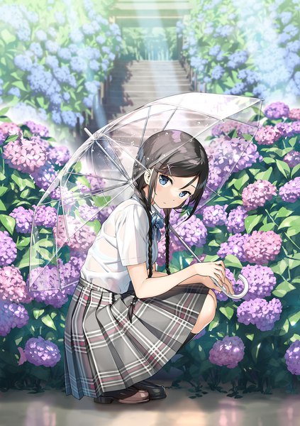 Anime picture 1552x2200 with original kantoku single long hair tall image looking at viewer blush fringe blue eyes black hair holding full body outdoors braid (braids) pleated skirt sunlight short sleeves twin braids plaid skirt squat