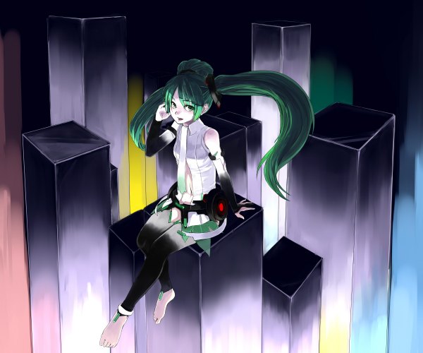 Anime picture 2400x2000 with vocaloid vocaloid append hatsune miku hatsune miku (append) ryou@ryou single long hair highres twintails barefoot aqua eyes green hair aqua hair girl